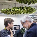 BuzziPleat Edel Acoustic Decorative Suspended Sculpture hangs from the ceiling at Kaas Tailored where it is manufactured on Tuesday, Oct. 10, 2023 in Mukilteo, Washington. (Olivia Vanni / The Herald)