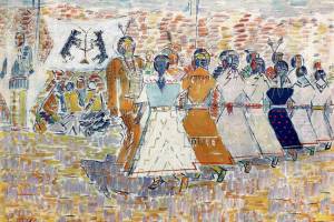 Image credit: Julius “Land Elk” (1902-86) / Line Dance / c.1932 / Oil painting on canvas / 24.25” (h) X 30.0” (w) [canvas size] / Private Collection