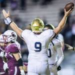 Everetts Evan Hartt raises his arms after scoring a touchdown during the game against Cascade on Friday, Oct. 6, 2023 in Everett, Washington. (Olivia Vanni / The Herald)