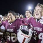 Cascades Placido Del Moral and William Nelson cheer as their team is presented with a trophy on Friday, Oct. 6, 2023 in Everett, Washington. (Olivia Vanni / The Herald)