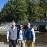 Snohomish County Executive Dave Somers (right), U.S. Sen. Maria Cantwell and Snohomish County Conservation and Natural Resources Director Tom Teigen stand in front of the new Meadowdale Park estuary project on Oct. 6, 2023. (Jordan Hansen / The Herald)
