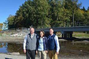 Snohomish County Executive Dave Somers (right), U.S. Sen. Maria Cantwell and Snohomish County Conservation and Natural Resources Director Tom Teigen stand in front of the new Meadowdale Park estuary project on Oct. 6, 2023. (Jordan Hansen / The Herald)