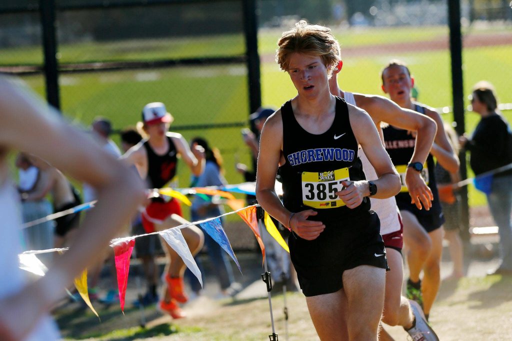 A Shorewood runner pushes up a hill during the Mens Elite event during the Hole in the Wall Cross Country Invitational on Saturday, Oct. 7, 2023, at Lakewood High School in Arlington, Washington. (Ryan Berry / The Herald)