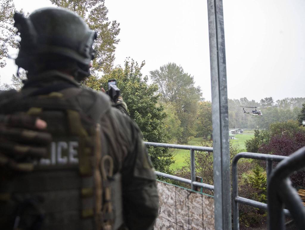A life flight helicopter lands during a mass casualty training on Wednesday, Oct. 11, 2023 in Snohomish, Washington. (Olivia Vanni / The Herald)
