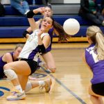 Lake Stevens players	hit the court trying to save the ball against Glacier Peak on Tuesday at Glacier Peak High School in Snohomish. (Ryan Berry / The Herald)