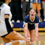 Glacier Peaks Tessa Mossburg celebrates her teams tying point against Lake Stevens on Tuesday, Oct. 10, 2023, at Glacier Peak High School in Snohomish, Washington. (Ryan Berry / The Herald)