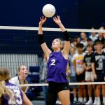 Lake Stevens Katelyn Eichert sets the ball against Glacier Peak on Tuesday, Oct. 10, 2023, at Glacier Peak High School in Snohomish, Washington. (Ryan Berry / The Herald)