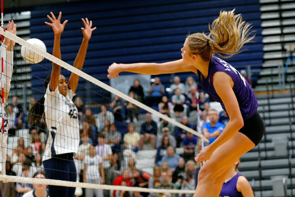 Lake Stevens Laura Eichert records a kill against Glacier Peak on Tuesday, Oct. 10, 2023, at Glacier Peak High School in Snohomish, Washington. (Ryan Berry / The Herald)