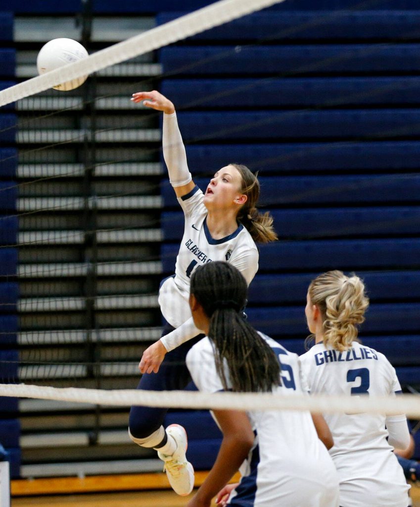 Glacier Peaks Julia Martin spikes the ball against Lake Stevens on Tuesday, Oct. 10, 2023, at Glacier Peak High School in Snohomish, Washington. (Ryan Berry / The Herald)