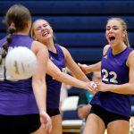 Lake Stevens celebrates a point against Glacier Peak on Tuesday, Oct. 10, 2023, at Glacier Peak High School in Snohomish, Washington. (Ryan Berry / The Herald)