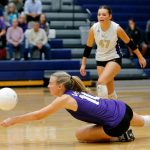 Lake Stevens Jayci Scrivens digs the ball against Glacier Peak on Tuesday, Oct. 10, 2023, at Glacier Peak High School in Snohomish, Washington. (Ryan Berry / The Herald)