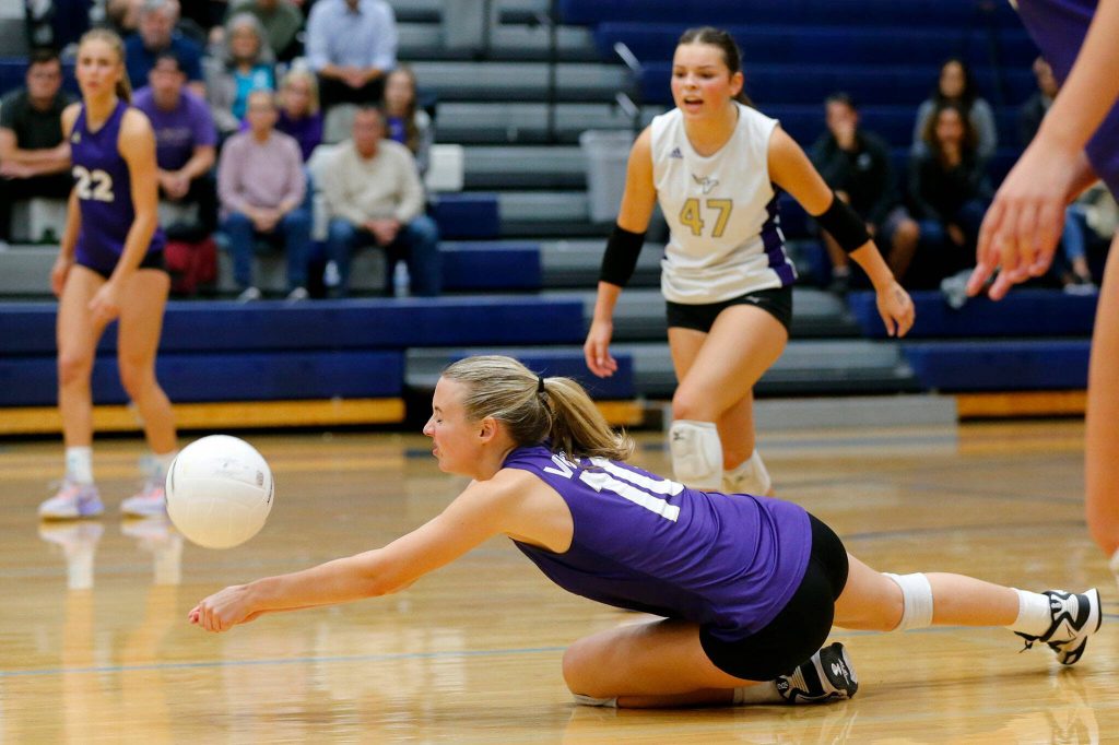 Lake Stevens Jayci Scrivens digs the ball against Glacier Peak on Tuesday, Oct. 10, 2023, at Glacier Peak High School in Snohomish, Washington. (Ryan Berry / The Herald)