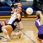 The Lake Stevens squad all hit the court trying to save the ball against Glacier Peak on Tuesday, Oct. 10, 2023, at Glacier Peak High School in Snohomish, Washington. (Ryan Berry / The Herald)
