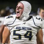 Arlingtons Nolan Welch-Downing yells after forcing a turnover during the game against Stanwood on Sept. 29 in Stanwood. The unbeaten Eagles are ranked fourth in Class 3A. (Olivia Vanni / The Herald)