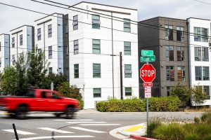A truck crosses Trojan Way on Monday, Sept. 11, 2023 in Everett, Washington. (Olivia Vanni / The Herald)