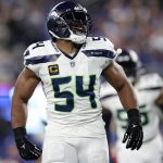 Seattle Seahawks linebacker Bobby Wagner (54) reacts after sacking New York Giants quarterback Daniel Jones (8) during an NFL football game, Monday, Oct. 2, 2023, in East Rutherford, N.J. (AP Photo/Adam Hunger)