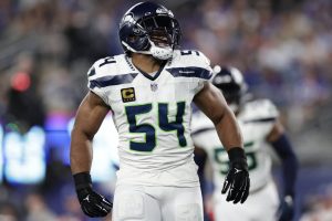 Seattle Seahawks linebacker Bobby Wagner (54) reacts after sacking New York Giants quarterback Daniel Jones (8) during an NFL football game, Monday, Oct. 2, 2023, in East Rutherford, N.J. (AP Photo/Adam Hunger)