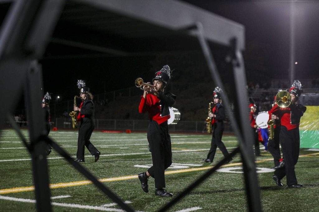 The Stanwood marching band performs during a game between Marysville-Getchell and Stanwood at Stanwood High School in Stanwood, Washington on Friday, Oct. 13, 2023. Marysville-Getchell won, 21-20. (Annie Barker / The Herald)