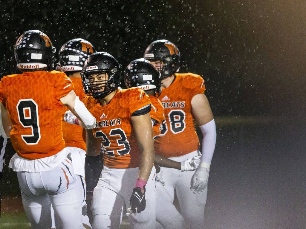 Monroes Palepoi Notoa Jr. celebrates a stop during the game against Edmonds-Woodway on Friday, Oct. 13, 2023 in Monroe, Washington. (Olivia Vanni / The Herald)