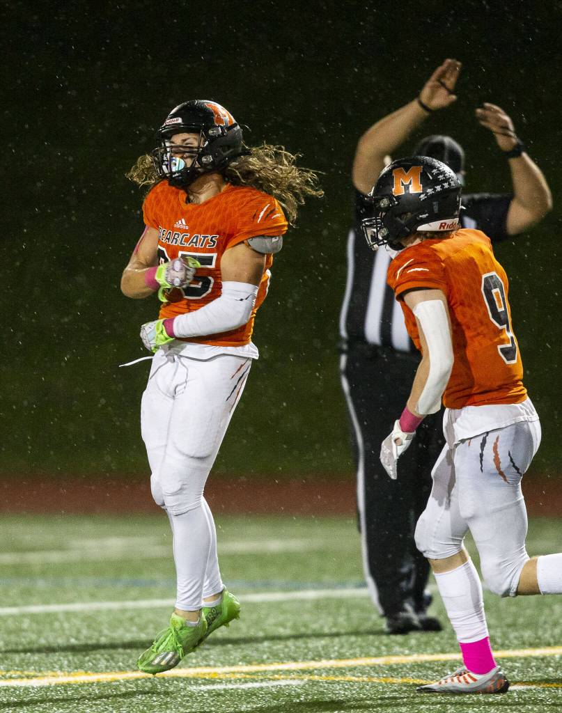 Monroes Jacob Reeves celebrates during the game against Edmonds-Woodway on Friday, Oct. 13, 2023 in Monroe, Washington. (Olivia Vanni / The Herald)