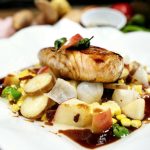 Honey Miso Glazed Black Cod with Spicy Bacon-Apple and Padron Pepper Succotash (Tulalip Resort Casino)