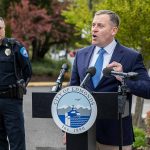 Edmonds Mayor Mike Nelson speaks during a press briefing held in response to two violent incidents that happened during the past week on Tuesday, April 25, 2023, in Edmonds, Washington. (Olivia Vanni / The Herald)