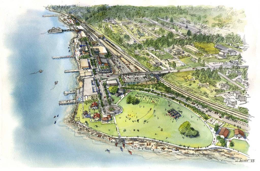 Preliminary artist rendering shows what the 26-acre Mukilteo waterfront could look like in the future. (Artist rendering)