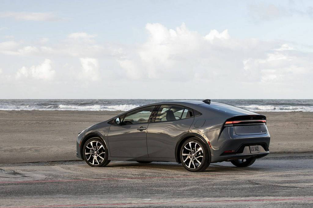 Nineteen-inch wheels are standard on the XSE Premium model of the 2023 Toyota Prius Prime plug-in hybrid. (Toyota)