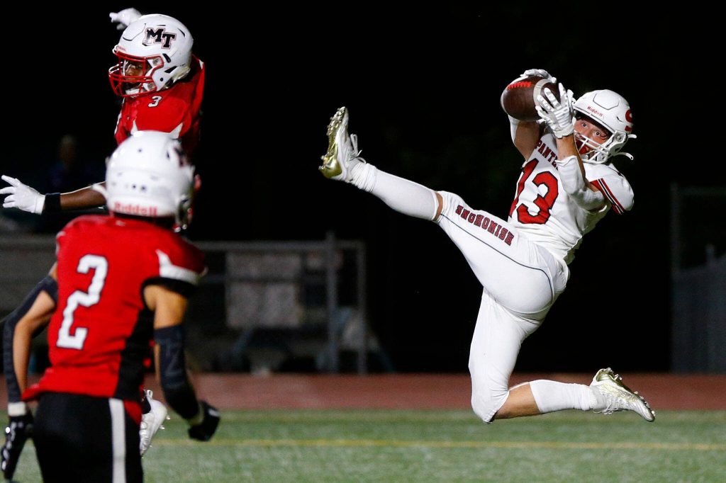 Snohomishs Ryan Steppe comes down with a touchdown catch against Mountlake Terrace on Sept. 8 at Edmonds Stadium. (Ryan Berry / The Herald)