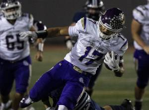 Lake Stevens’ Jayshon Limar (17) runs with the ball during a game between Glacier Peak and Lake Stevens at Veterans Memorial Stadium in Snohomish, Washington on Friday, Oct. 27, 2023. Lake Stevens won, 42-7. (Annie Barker / The Herald)