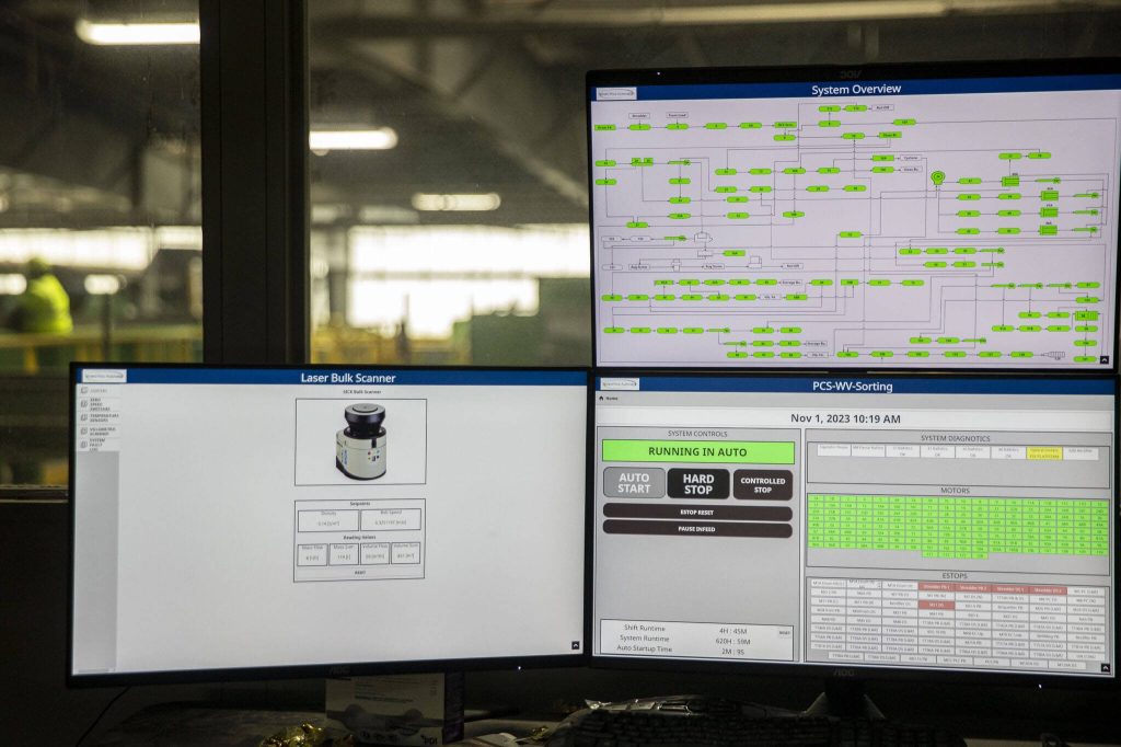 Part of the computer system operating recycling technology inside the Waste Management Cascade Recycling Center in Woodinville, Washington on Wednesday, Nov. 1, 2023. (Annie Barker / The Herald)