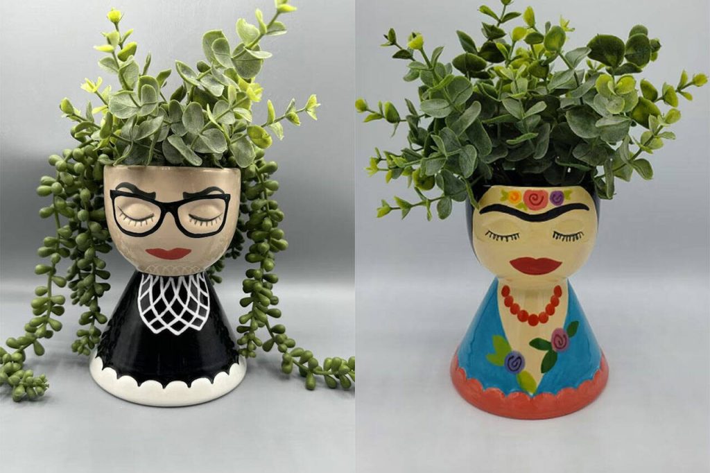 Kim Winfrey, of Camano Island runs The Pottery Nook art studio in Arlington. In her spare time she paints planters like Ruth Bader Ginsburg, left, and Frida Kahlo, right, along with other characters and celebrities. (Photo provided)