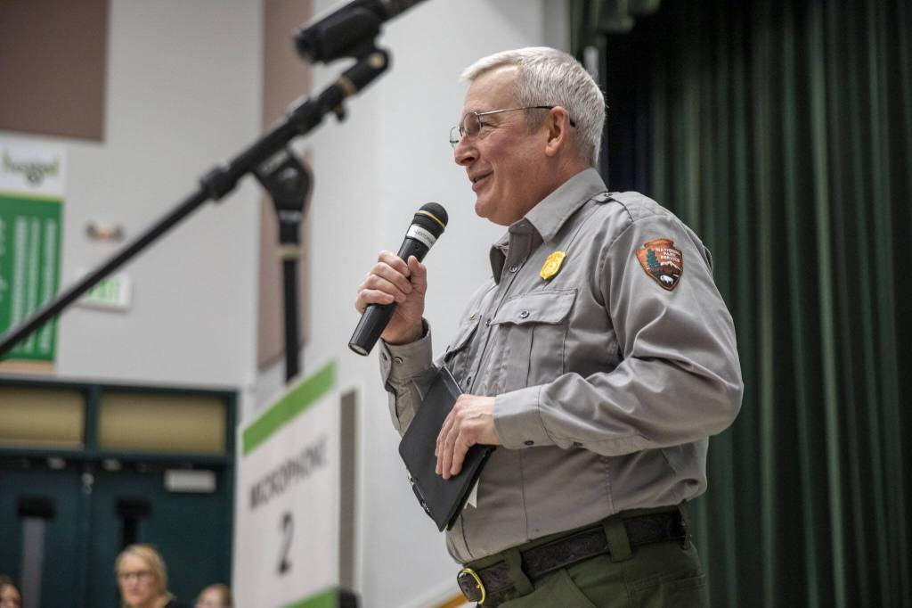 North Cascades National Park Service Complex superintendent Don Striker speaks during a meeting for public comment on the topic of bringing grizzly bears to the North Cascades at Darrington High School Auditorium in Darrington, Washington on Thursday, Nov. 2, 2023. (Annie Barker / The Herald)