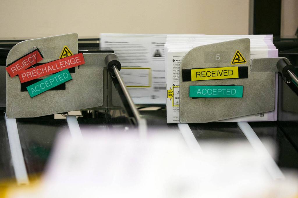 Hundreds of ballots are sorted by a machine before being sent upstairs to be tallied at the Snohomish County Auditors office on Friday, Nov. 3, 2023, in downtown Everett, Washington. (Ryan Berry / The Herald)