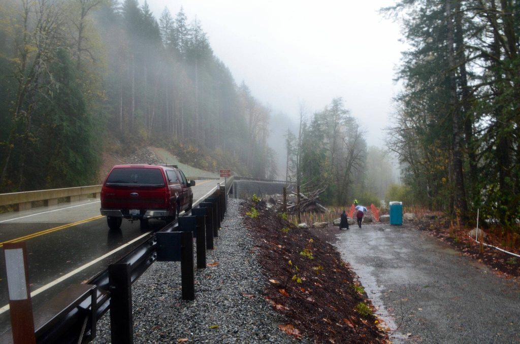 The newly rebuilt section of Index-Galena Road is pictured on Saturday, Nov. 4, 2023, near Index, Washington. (Jordan Hansen / The Herald)