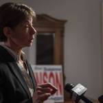 Susanna Johnson speaks to the media and community at 230 Ave B. in Snohomish, Washington on Tuesday, Nov. 7, 2023. (Annie Barker / The Herald)