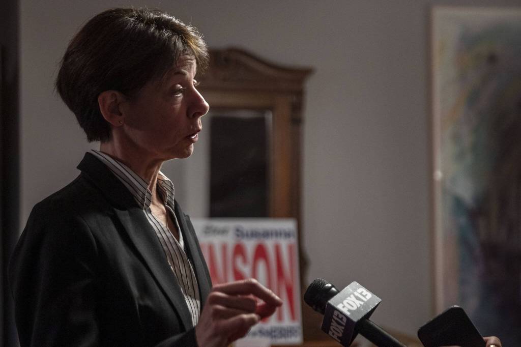 Susanna Johnson speaks to the media and community at 230 Ave B. in Snohomish, Washington on Tuesday, Nov. 7, 2023. (Annie Barker / The Herald)