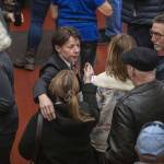 Susanna Johnson speaks to the media and community at 230 Ave B. in Snohomish, Washington on Tuesday, Nov. 7, 2023. (Annie Barker / The Herald)