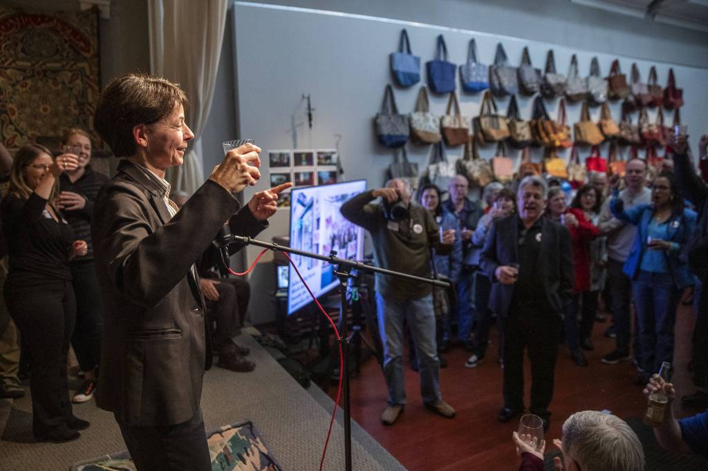 Susanna Johnson gives a non-alcoholic toast after delivering preliminary election results stating she is in the lead for the Snohomish County Sheriff 2023 election at 230 Ave B. in Snohomish, Washington on Tuesday, Nov. 7, 2023. (Annie Barker / The Herald)