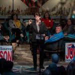 Susanna Johnson speaks to the media and community at 230 Ave B. in Snohomish, Washington on Tuesday, Nov. 7, 2023. (Annie Barker / The Herald)