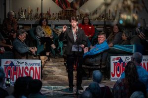 Susanna Johnson speaks to the media and community at 230 Ave B. in Snohomish, Washington on Tuesday, Nov. 7, 2023. (Annie Barker / The Herald)
