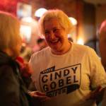 Cindy Gobel, running for Snohomish County Auditor, speaks with supporters during an election night party at Vintage Cafe on Tuesday, Nov. 7, 2023, in Everett, Washington. (Ryan Berry / The Herald)