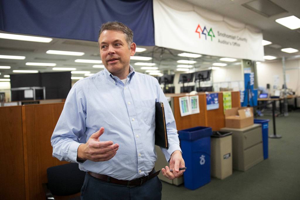 Snohomish County Auditor Garth Fell guides a tour of the election office on Friday, Nov. 3, 2023, at Administrative Building West in downtown Everett, Washington. (Ryan Berry / The Herald)