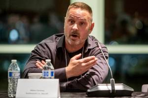 Snohomish County Sheriff candidate Adam Fortney during an Everett Council of Neighborhoods forum on Monday, Oct. 16, 2023 in Everett, Washington. (Olivia Vanni / The Herald)