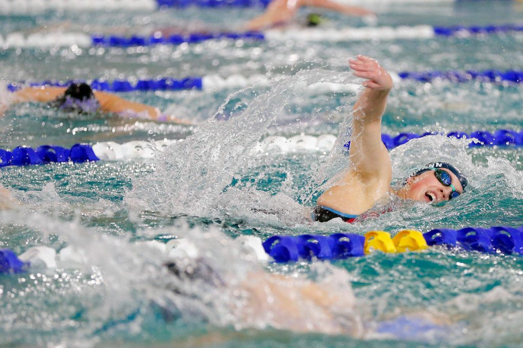 Glacier Peak junior Alena Lehmann blows past the competition in the 500 yard freestyle during the Wesco 4A District 1 Girls Swim and Dive Finals on Saturday, Nov. 4, 2023, at the Snohomish Aquatic Center in Snohomish, Washington. (Ryan Berry / The Herald)