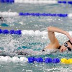 Jackson sophomore Julia Song takes first in the 100 yard freestyle during the Wesco 4A District 1 Girls Swim and Dive Finals on Saturday, Nov. 4, 2023, at the Snohomish Aquatic Center in Snohomish, Washington. (Ryan Berry / The Herald)