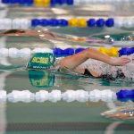 Shorecrest junior Quinn Whorley begins swimming in the 200 yard freestyle during the Wesco 3A Division 1 Girls Swim and Dive Finals on Saturday, Nov. 4, 2023, at the Snohomish Aquatic Center in Snohomish, Washington. (Ryan Berry / The Herald)
