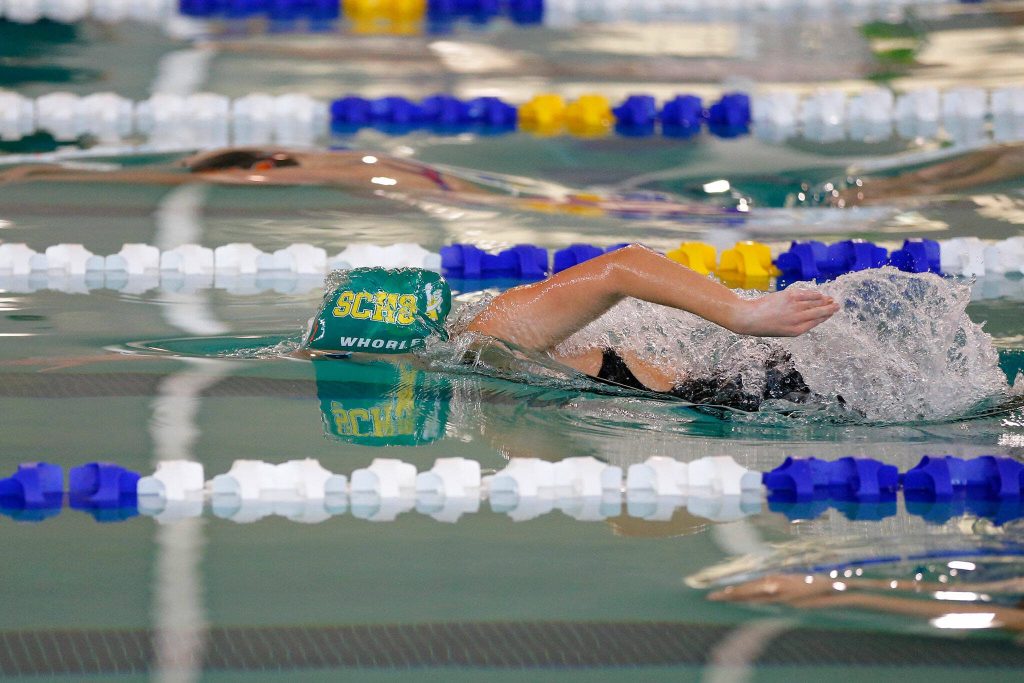 Shorecrest junior Quinn Whorley begins swimming in the 200 yard freestyle during the Wesco 3A Division 1 Girls Swim and Dive Finals on Saturday, Nov. 4, 2023, at the Snohomish Aquatic Center in Snohomish, Washington. (Ryan Berry / The Herald)
