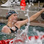 Mary Clarke of Snohomish turns to her look for coaches after handily winning the 100 yard freestyle during the Wesco 3A Division 1 Girls Swim and Dive Finals on Saturday, Nov. 4, 2023, at the Snohomish Aquatic Center in Snohomish, Washington. (Ryan Berry / The Herald)
