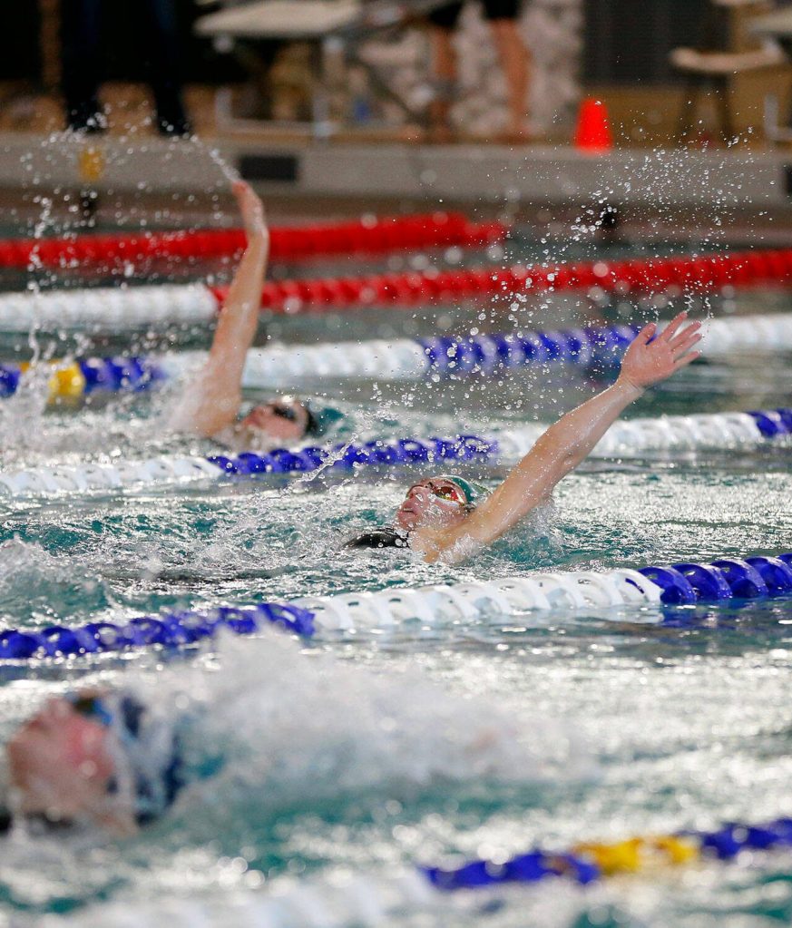 Shorecrests Aila Howson swims the backstroke in the 200 yard individual medley during the Wesco 3A Division 1 Girls Swim and Dive Finals on Saturday, Nov. 4, 2023, at the Snohomish Aquatic Center in Snohomish, Washington. (Ryan Berry / The Herald)